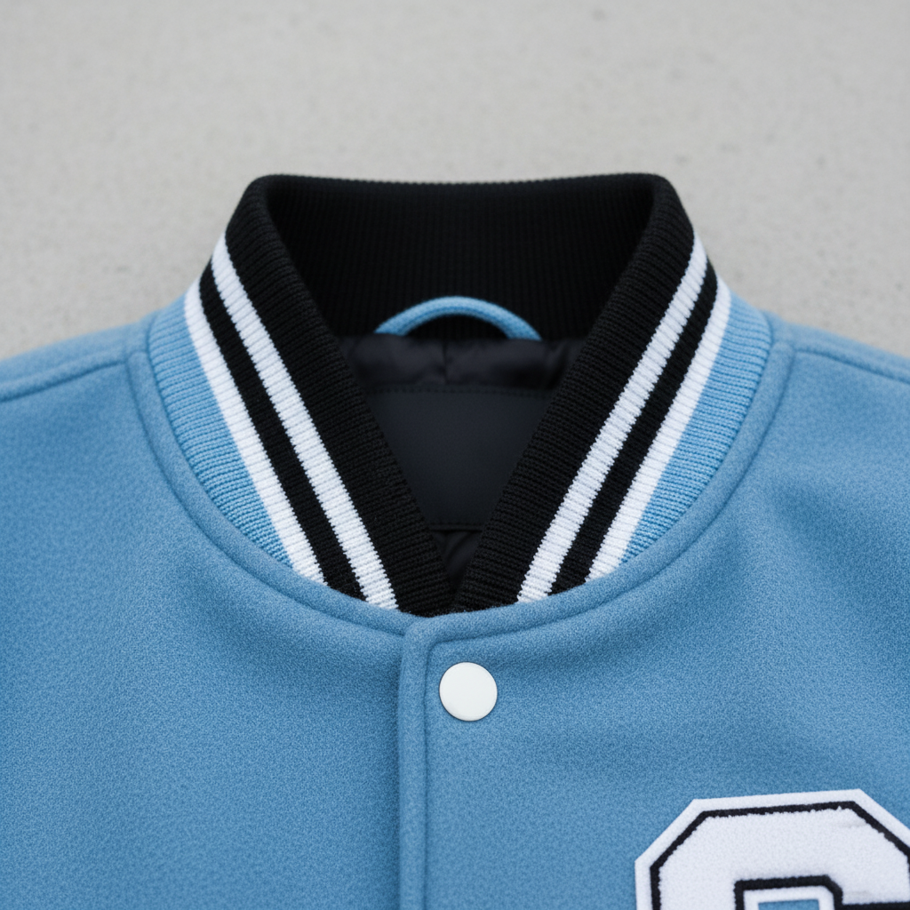 Close-up of a light blue varsity jacket with a black and white striped collar on a gray background.