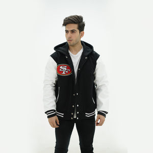 Three quarter angle of San Francisco hooded varsity jacket revealing quilted diamond laser lining and melton wool construction