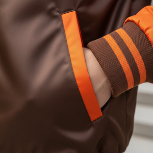 Close-up of a brown jacket with orange accents on a neutral background