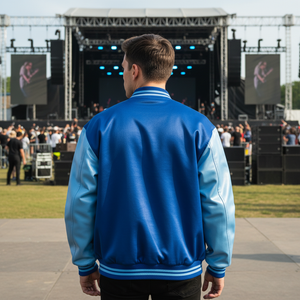 Back view of satin varsity jacket featuring sleek shiny style and lightweight baseball design perfect for fans