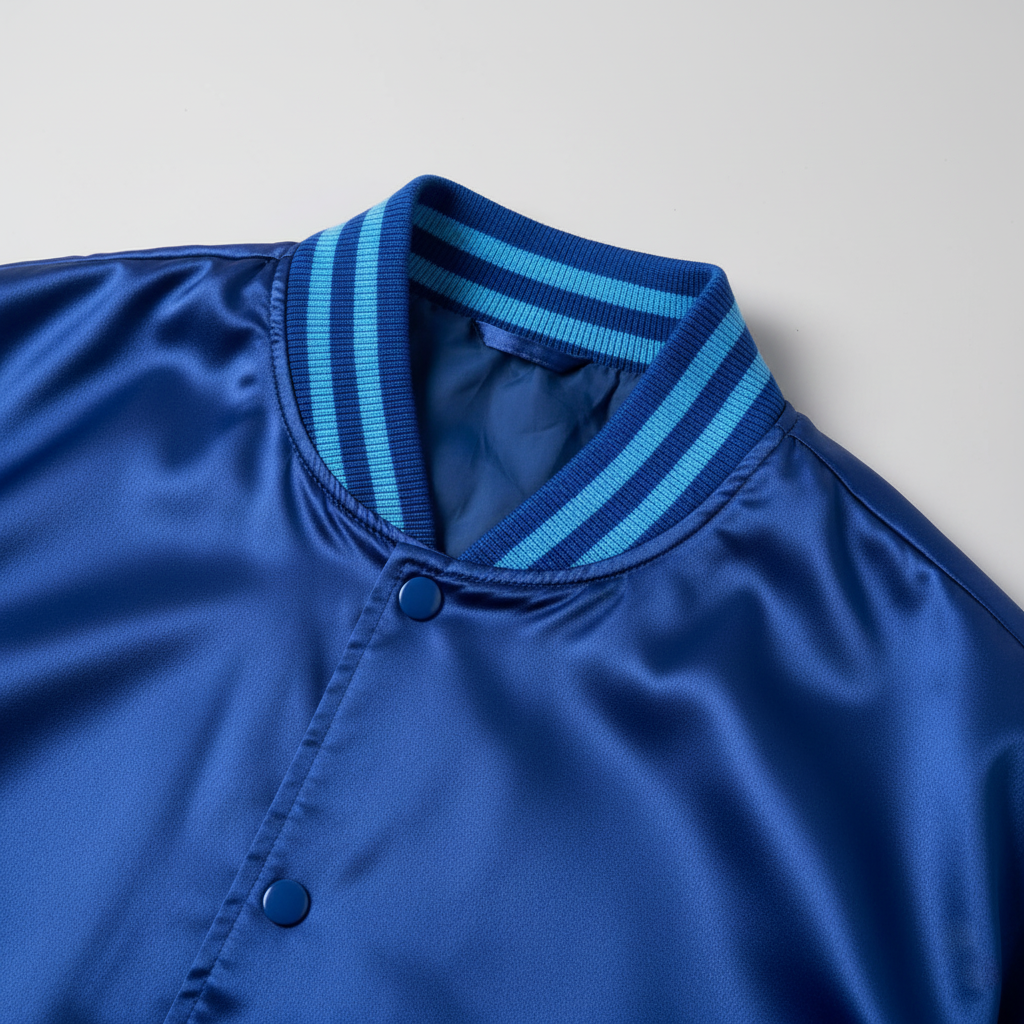 Close-up of a blue jacket with a striped collar on a light gray background