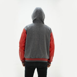 Back view of seniors varsity hoodie jacket with premium Melton wool showing graduation year customization options