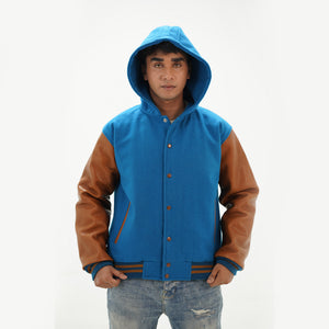 Detailed view of men's sky blue and brown varsity jacket over hoodie with customization embroidery options XS-6XL