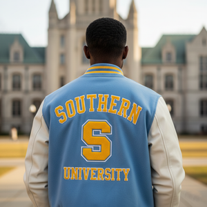 Person wearing a blue and beige 'Southern University' jacket in front of an institutional building.