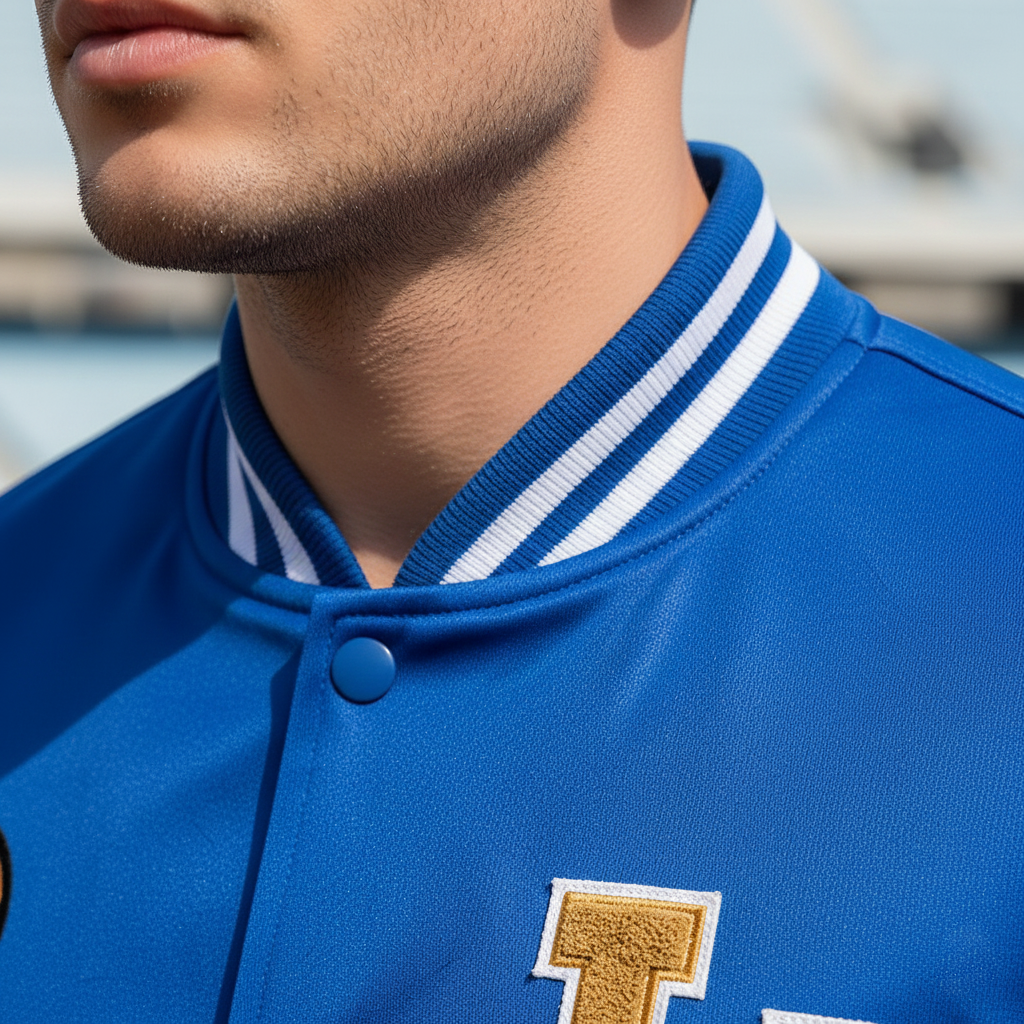 Close-up of a person wearing a blue varsity jacket with white stripes on the collar, outdoors.