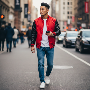 Man walking on a city street wearing a red and black satin jacket, blue jeans, and white sneakers.