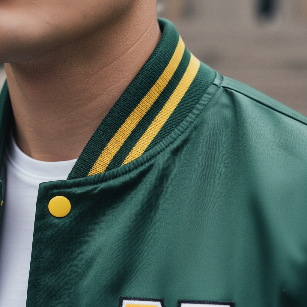Detailed view of stylish satin bomber men collar - custom varsity quality finish