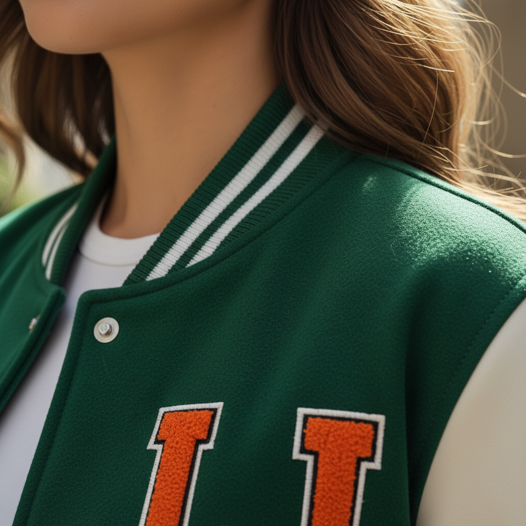Side profile of teen crop varsity jacket showing white satin sleeve detail, ribbed cuffs, and stylish cropped casual length