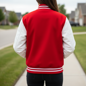 Back view of teens letterman jacket displaying red Melton wool body, white genuine leather sleeves, and ribbed waistband detail