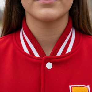 Red varsity jacket with white collar and yellow patch worn by a person