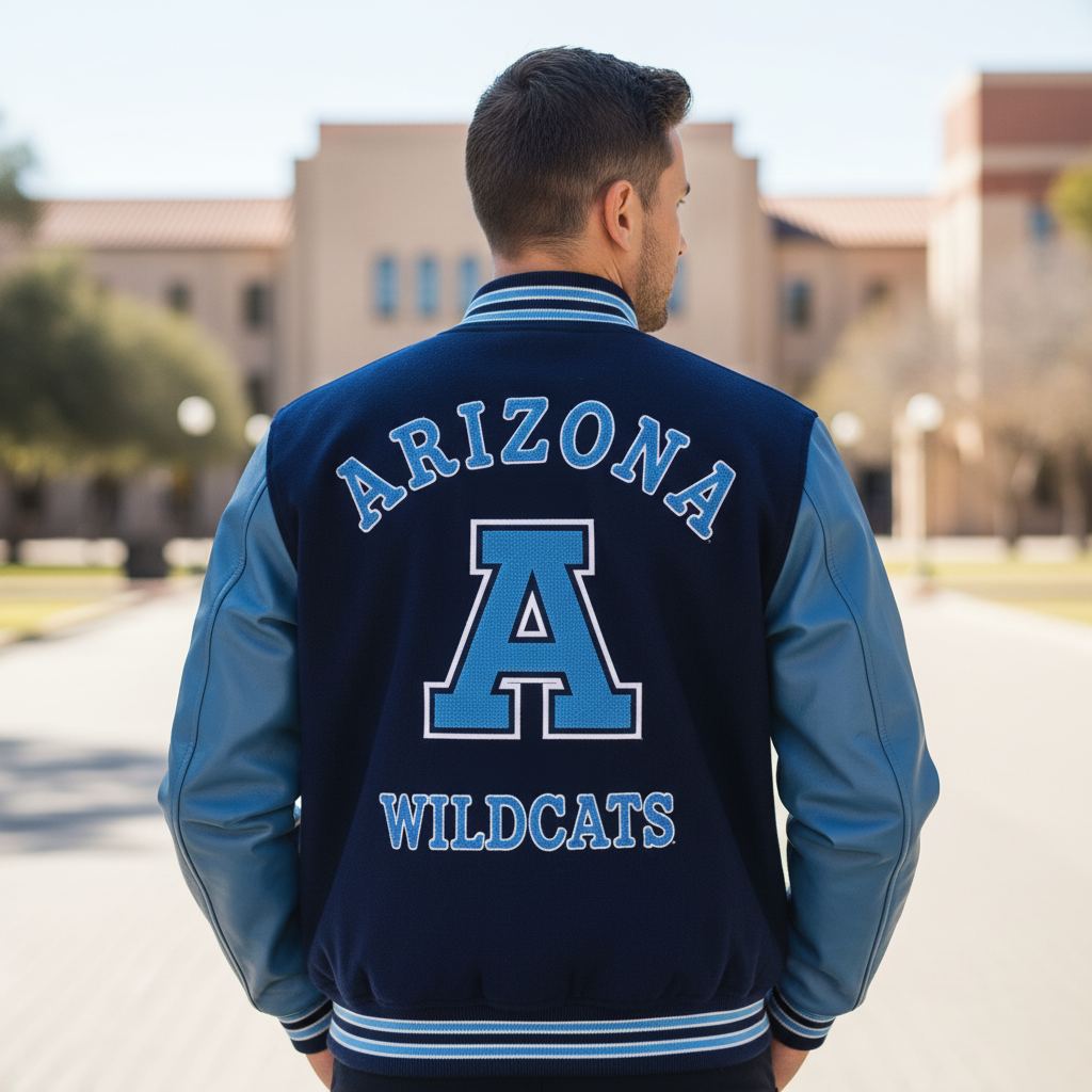 Person wearing a blue and navy 'Arizona Wildcats' jacket on a college campus.