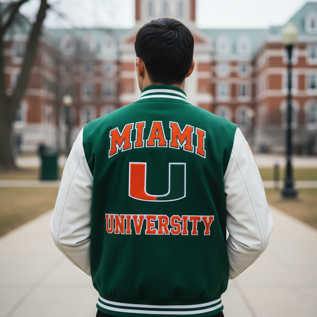 Person wearing a green 'MIAMI UNIVERSITY' letterman jacket on a campus setting.