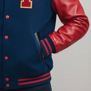 Navy blue varsity jacket with red leather sleeves and a red and yellow patch on a gray background