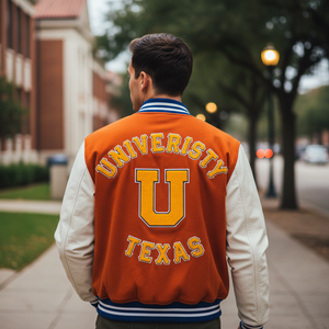 Person wearing an orange and white letterman jacket with 'UNIVERSITY U TEXAS' text on a campus setting.