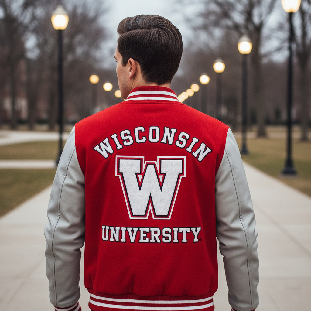Person wearing a red and gray 'Wisconsin University' letterman jacket walking on a path.