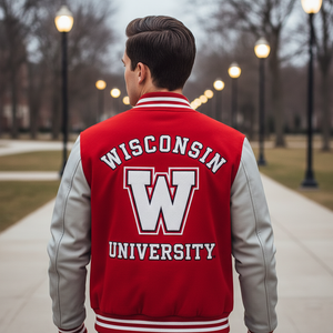 Person wearing a red and gray 'Wisconsin University' letterman jacket walking on a path.