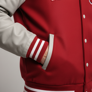 Red varsity jacket with white accents on a neutral background