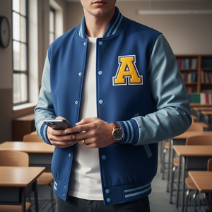 a student wearing arizona university jacket, standing in a class room, holding his phone