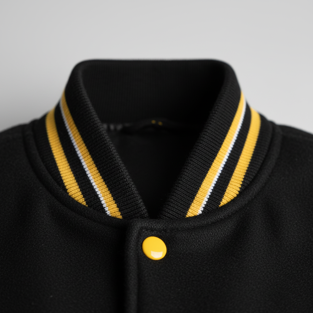 Black letterman jacket with yellow and white striped collar on a gray background