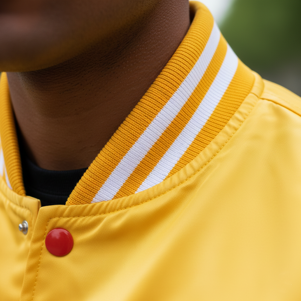 Close-up of a person wearing a yellow jacket with white stripes on the collar.