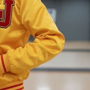 Yellow jacket with red accents on a blurred background