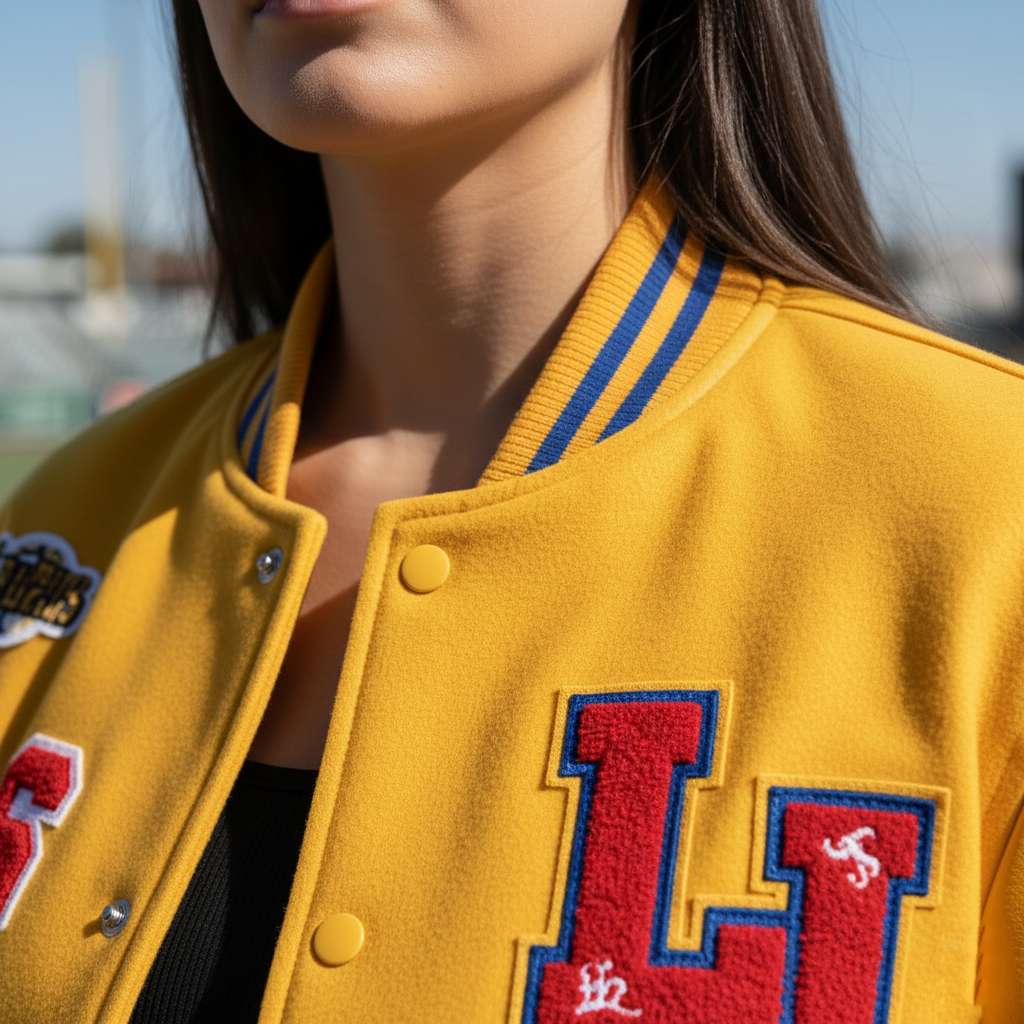 Close-up of a person wearing a yellow varsity jacket with red and blue lettering.