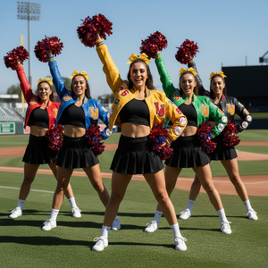 Cheerleaders in colorful uniforms with pom-poms on a sports field