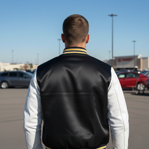 Person wearing a black and white varsity jacket in a parking lot with cars and buildings in the background.