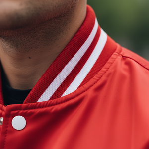 Close-up of a red jacket with white stripes on the collar.