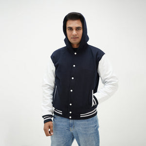Dark blue and white varsity jacket with hood wool body and leather sleeves - premium quality classic design