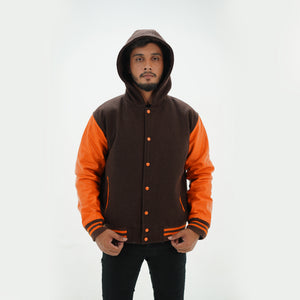 Front view of varsity jacket with hoodie featuring leather arms and premium wool construction