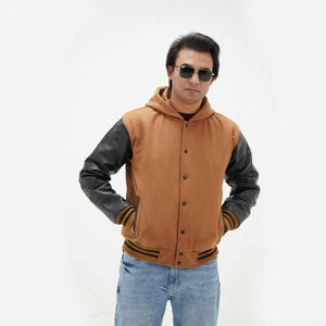 Close-up detail of varsity jacket with hoodie wool body and leather sleeves perfect for campus life and game days