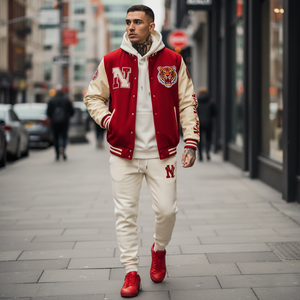 Man wearing a red and beige varsity jacket with a tiger emblem on a city street.