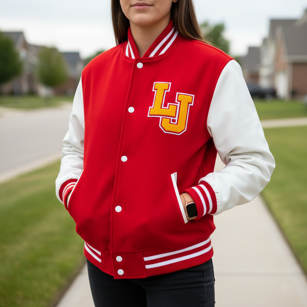 Person wearing a red and white letterman jacket with 'LJ' on it, standing outdoors.