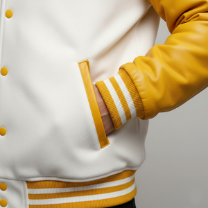 Close-up of a white and yellow varsity jacket with a plain background