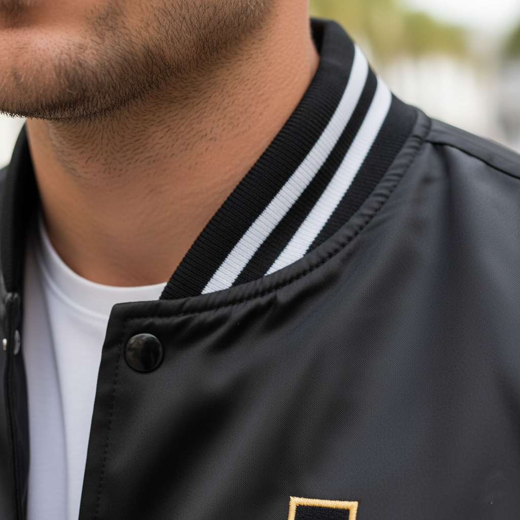 Close-up of a person wearing a black jacket with white stripes on the collar.