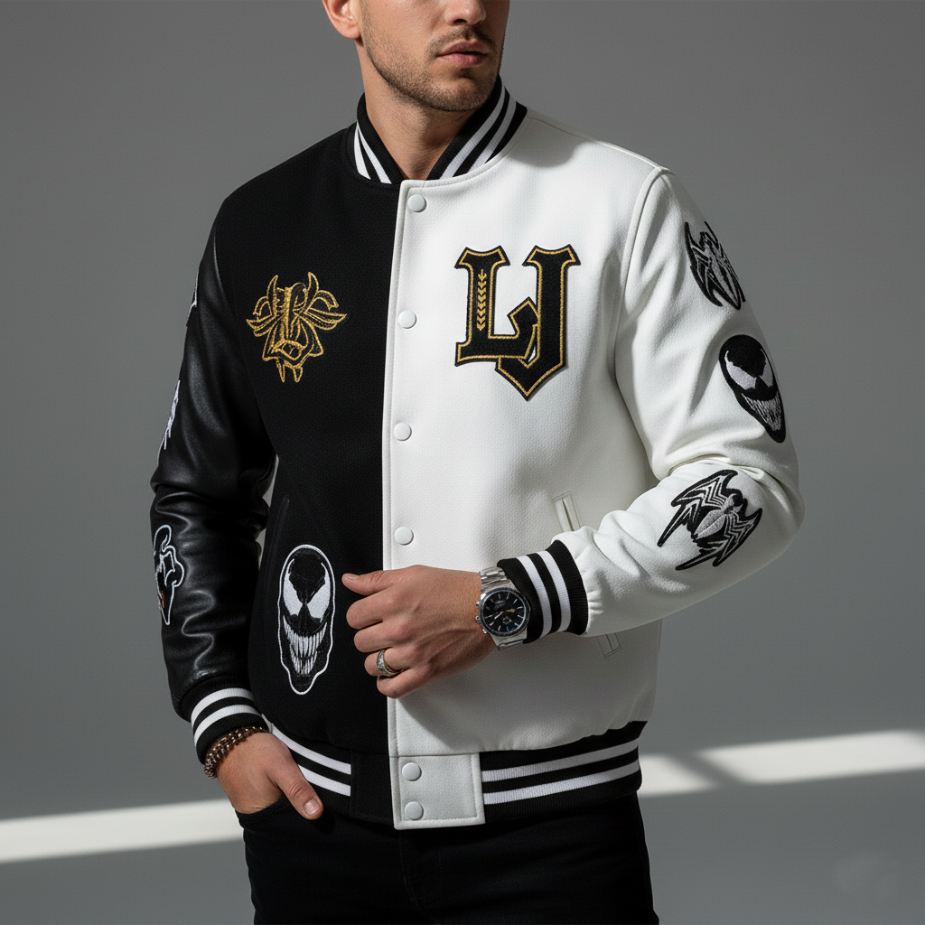 Person wearing a black and white varsity jacket with logos on a gray background