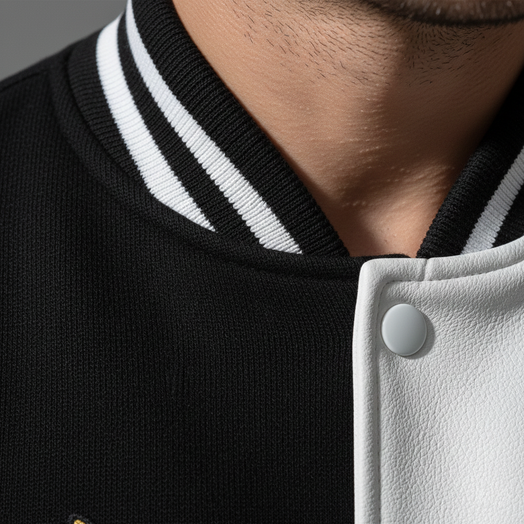 Close-up of a black and white varsity jacket collar with a button.