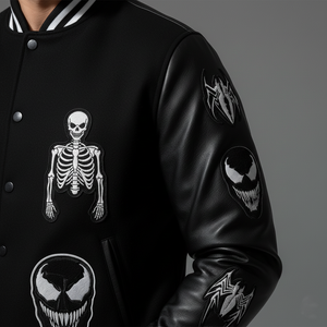 Close-up of Venom varsity jacket logo patches and bold design details for campus life and game-day events