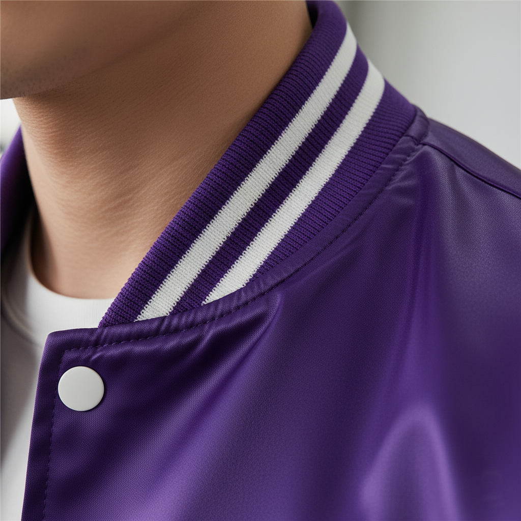 Close-up of a purple jacket with white stripes on the collar against a neutral background