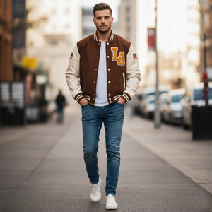 Man wearing a brown and beige varsity jacket with 'LA' on a city street.