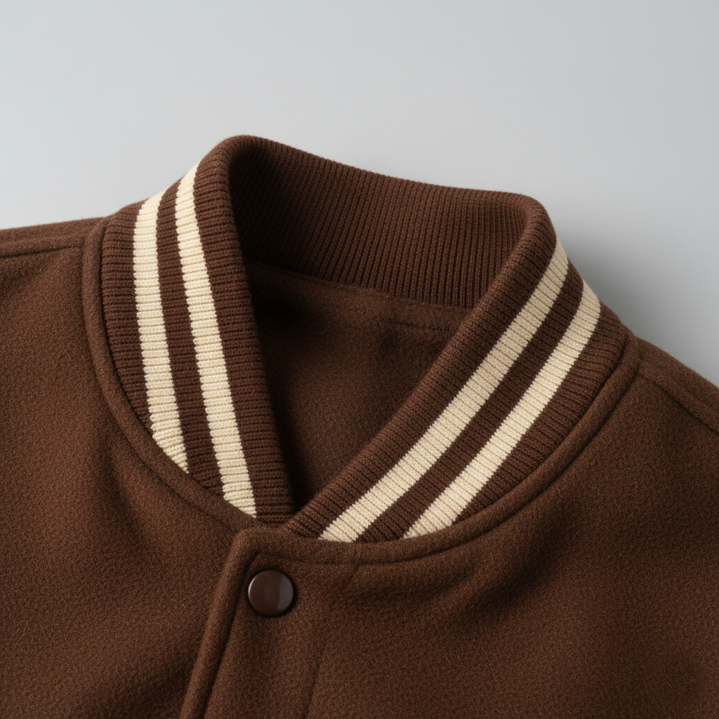Close-up of a brown jacket with striped collar on a light gray background