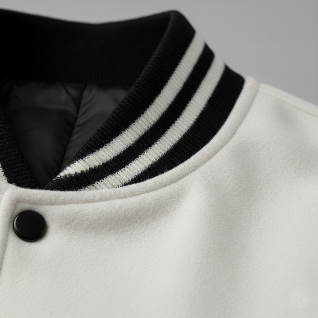 Close-up of a white jacket with black trim and button on a gray background
