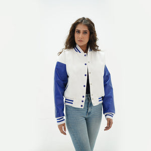 Alternate angle of white and blue cropped varsity jacket for women showcasing premium wool-leather construction and modern cropped silhouette