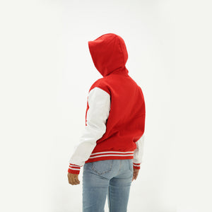 White and red letterman jacket back view showing wool body construction and ribbed waistband detail