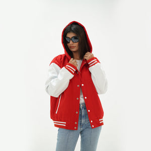 Red letterman jacket ribbed collar and snap button placket detail with white leather sleeve trim