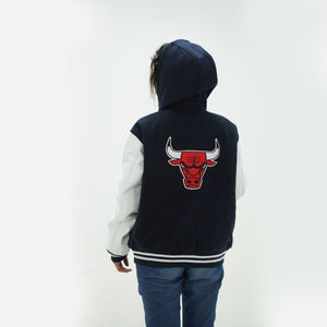 Back view of women Bulls varsity hoodie showing hood and tailored construction with wool, leather design for ladies basketball fans