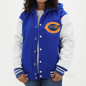 Women Chicago Bears letterman jacket hoodie featuring royal blue wool body and white genuine leather sleeves with built in hood for female fans