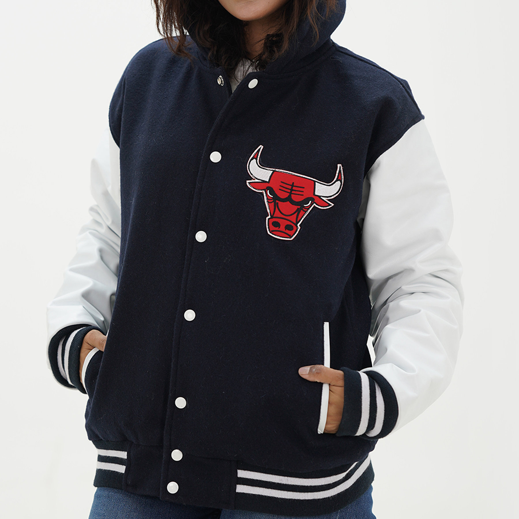 Women Chicago Bulls letterman jacket with hood featuring blue and white wool body and genuine leather sleeves with tailored fit for female fans