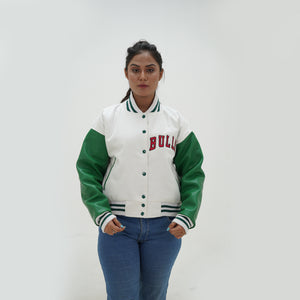 Close up view of women Chicago Bulls letterman jacket collar and ribbed trim details with white wool and green leather styling